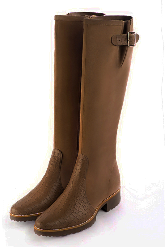 Caramel brown women's knee-high boots with buckles. Round toe. Flat rubber soles. Made to measure. Front view - Florence KOOIJMAN